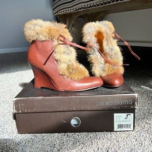 Coral Como Maxine Leather and Fur Wedge Booties